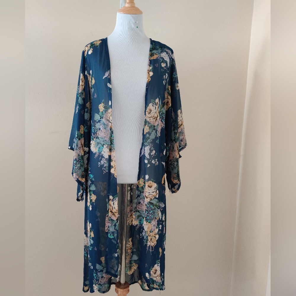 Blue Floral Chiffon Kimono